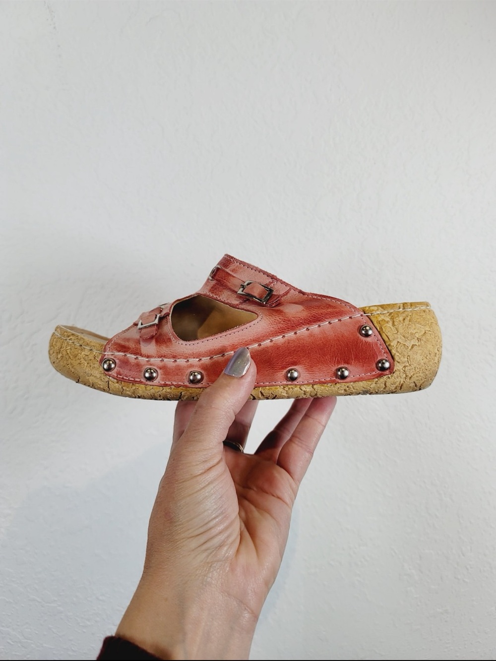 ANJELIK Studded Red Leather Cork Slide Sandal, Size 37